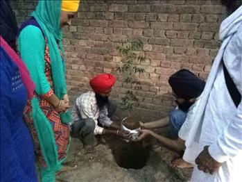 Team members assisting each other in Neem sapling plantation.